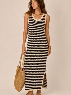 The Work Shop Striped Crochet Knit Maxi Dress XL Black Cream Coastal Boho